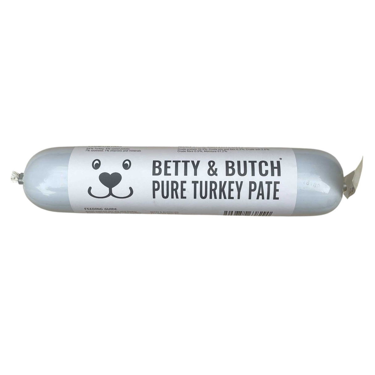Tube of Betty & Butch Pure Turkey Pate on a white background