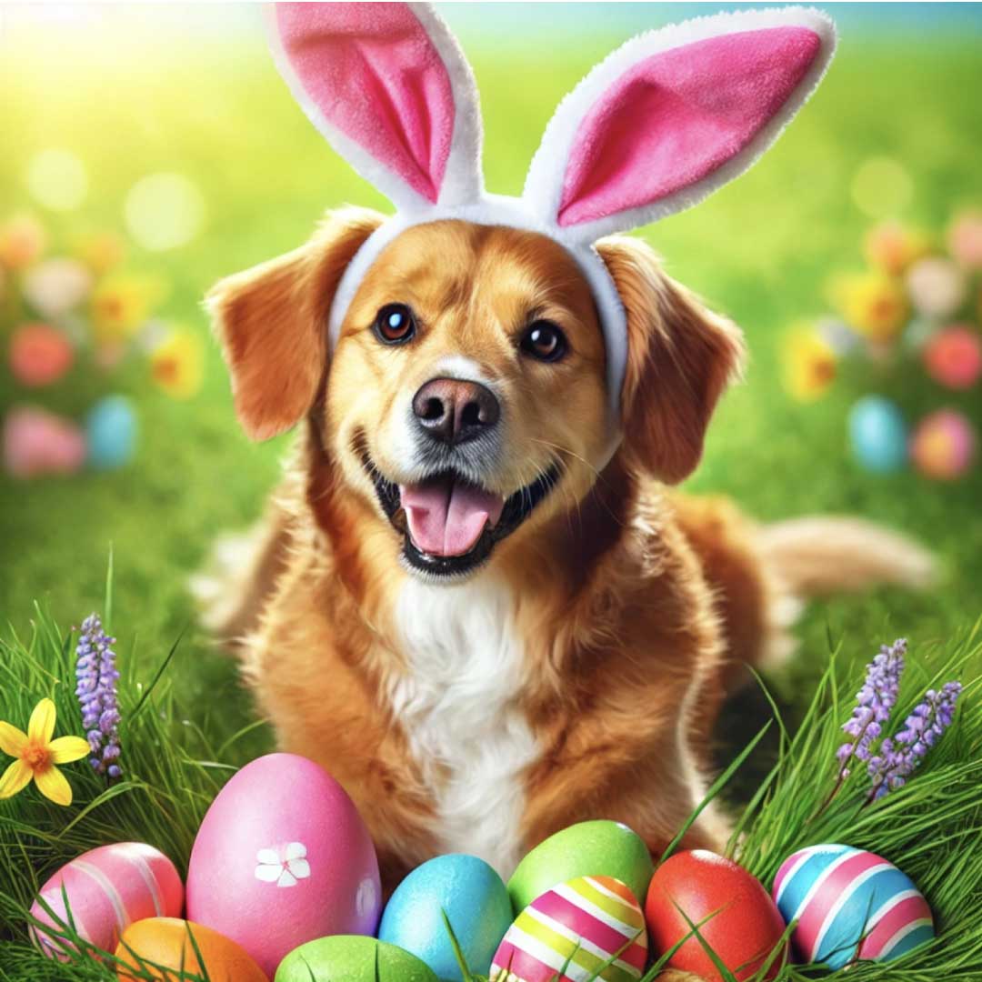 A joyful dog wearing a bunny ear headband, sitting in a grassy field surrounded by colourful Easter eggs. The background features soft sunlight and scattered spring flowers, creating a festive and cheerful Easter scene.
