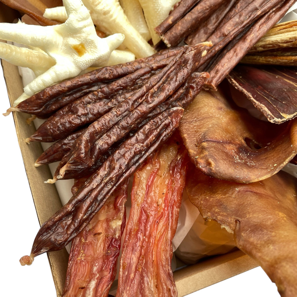 A clean aerial shot focusing on the generous double-sized selection of chews, perfect for product pages and social media promotion.