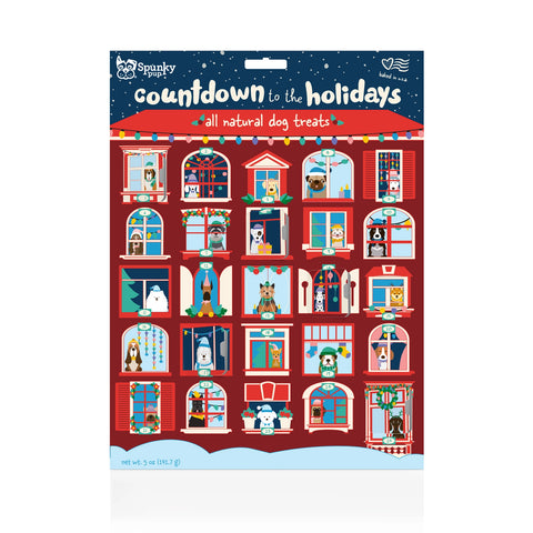 Advent calendar packaging for Spunky Pups dog treats with festive design.