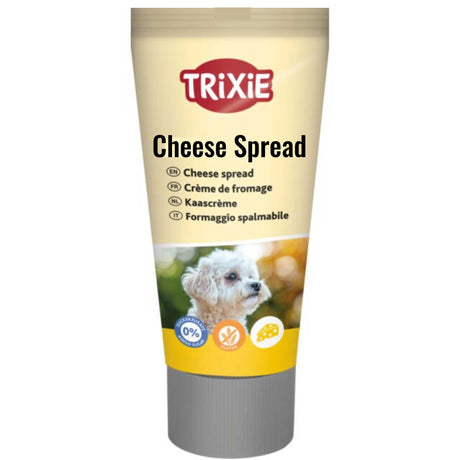 a tube of cheese spread treat for dogs on white background