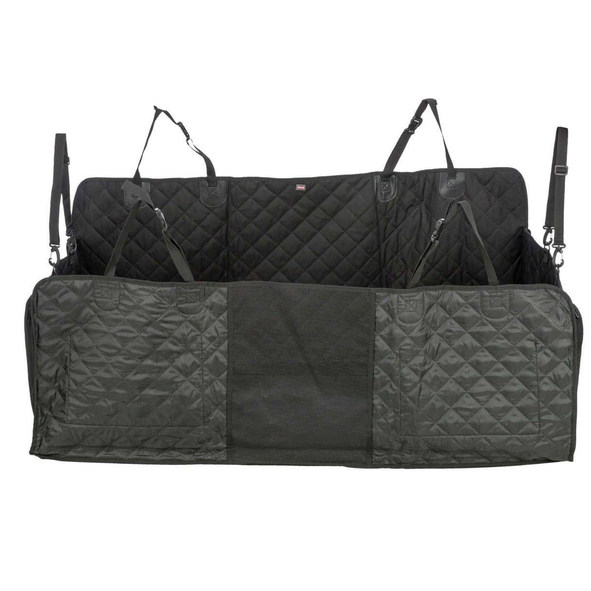Black car cargo cover with straps on a white background