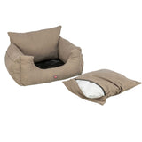 Beige pet bed with a pillow on a white background