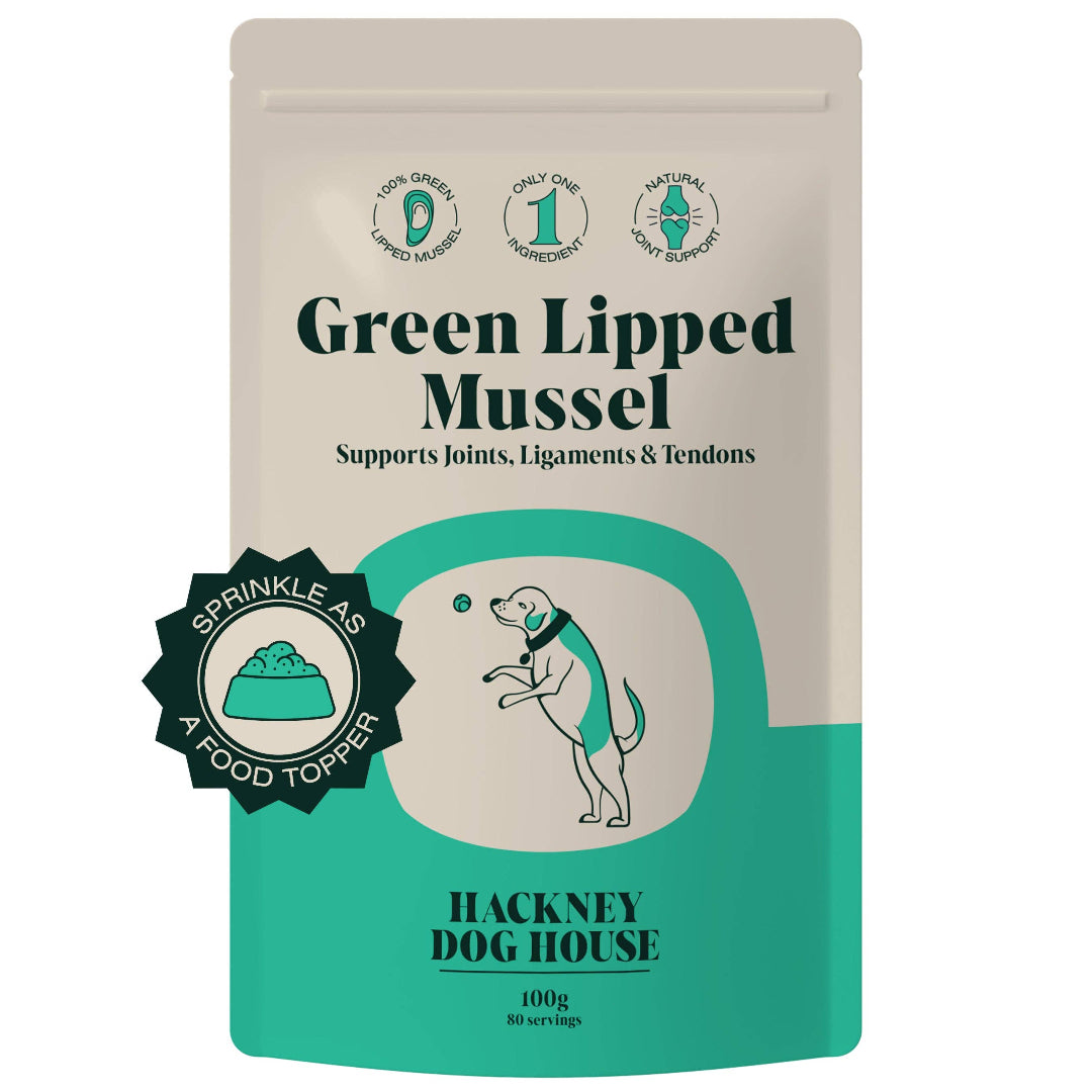 Green lipped mussel powder sprinkled over pet food, showcasing its use as a joint support supplement for dogs and cats.
