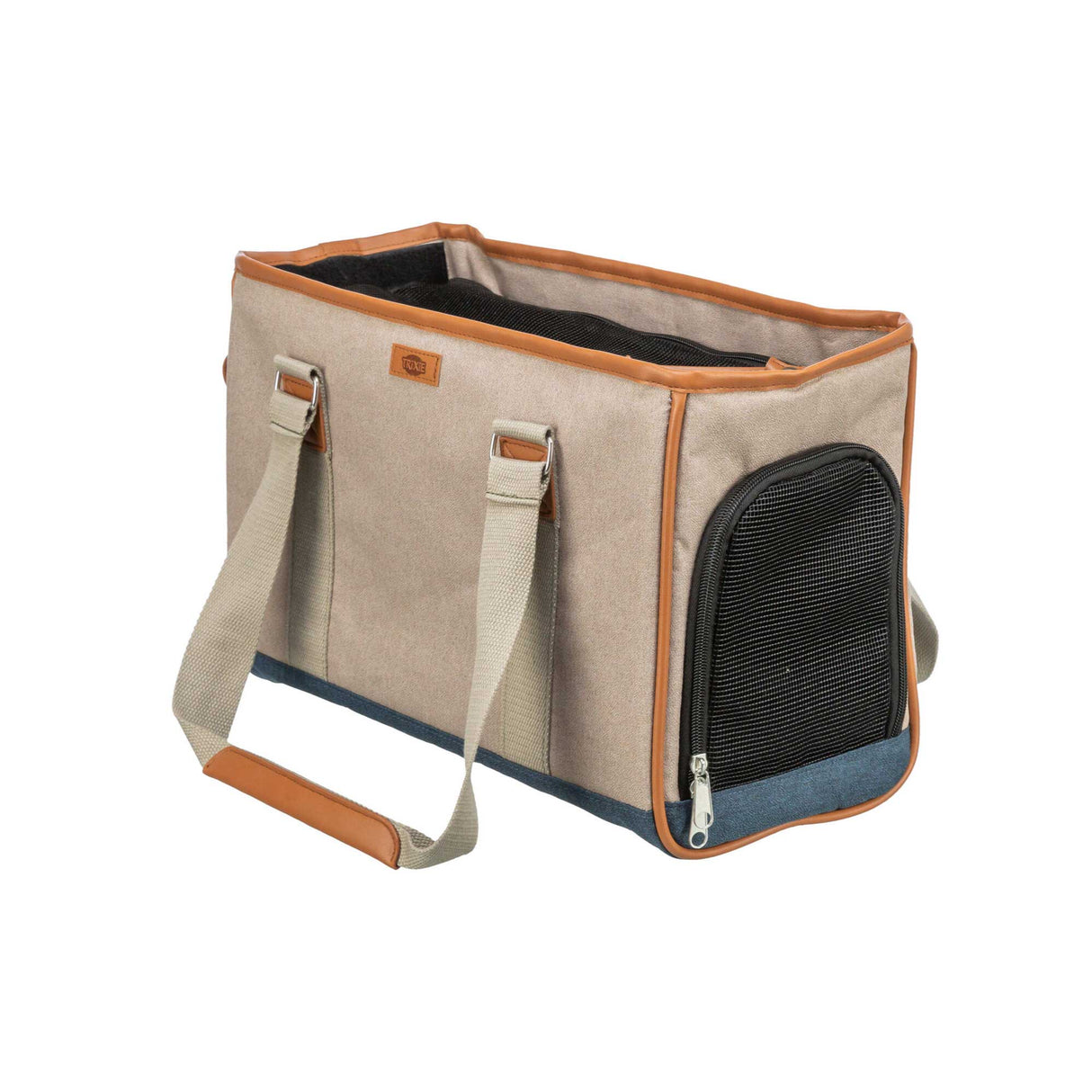Pet carrier with beige exterior and brown accents on a white background